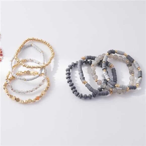 Surfer Heishi Clay Bead Bracelets for Women Bohemian Stackable Gold Grey - Picture 3 of 6